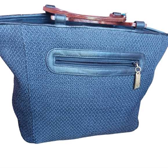 Vtg Women SUSANGAIL BL& brow wood/woven Handbag 10"x16" - Picture 1 of 13